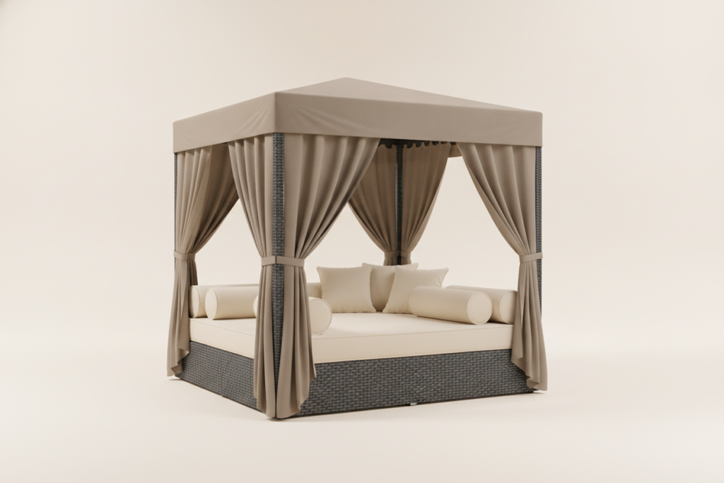 Canopied outdoor cabana daybed with cream cushions and taupe curtains