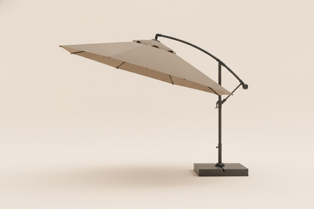 Eleven-foot cantilever umbrella with taupe canopy and offset aluminum arm