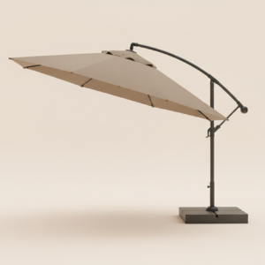 Eleven-foot cantilever umbrella with taupe canopy and offset aluminum arm