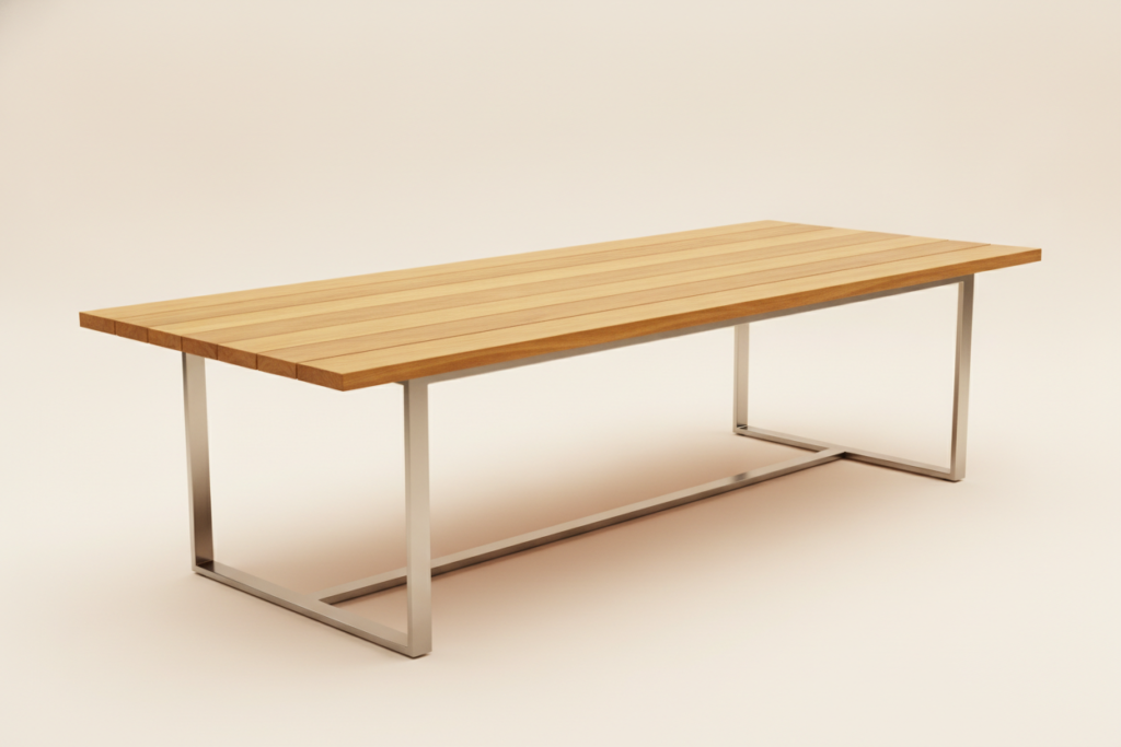 Solid teak outdoor dining table with stainless steel understructure