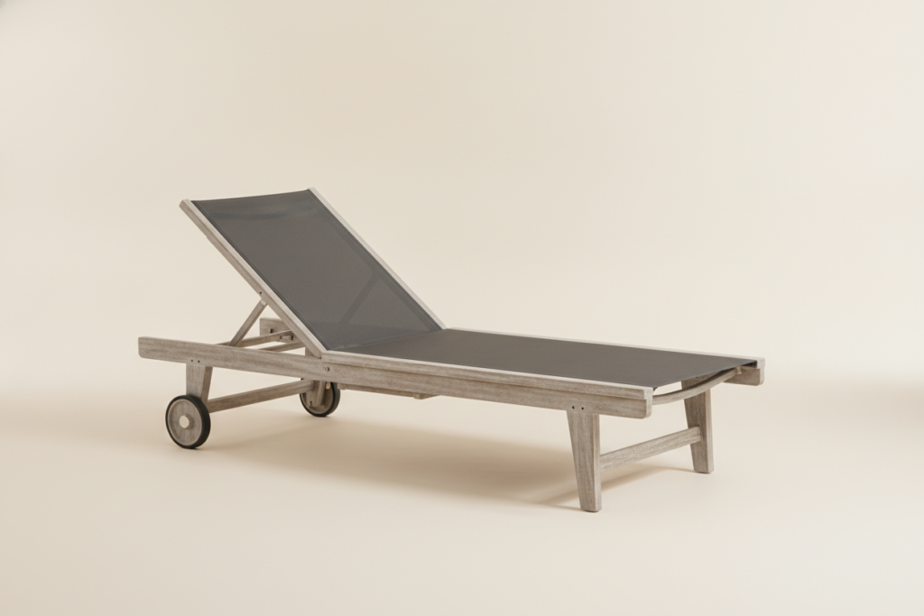 Teak sun lounger with dark grey mesh sling, back raised