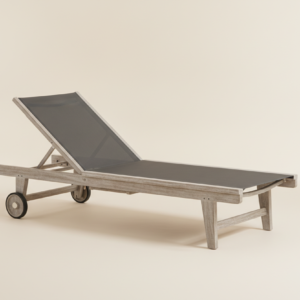 Teak sun lounger with dark grey mesh sling, back raised