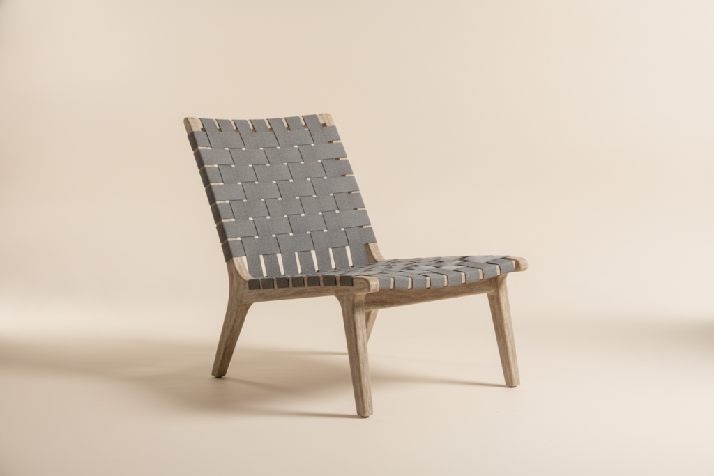 Teak outdoor lounge chair with woven grey belt seat