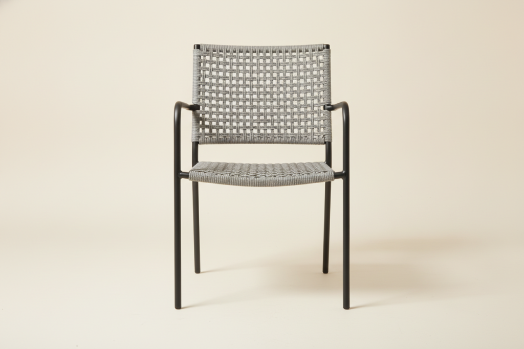 Rope-woven outdoor dining chair on a slim stainless frame