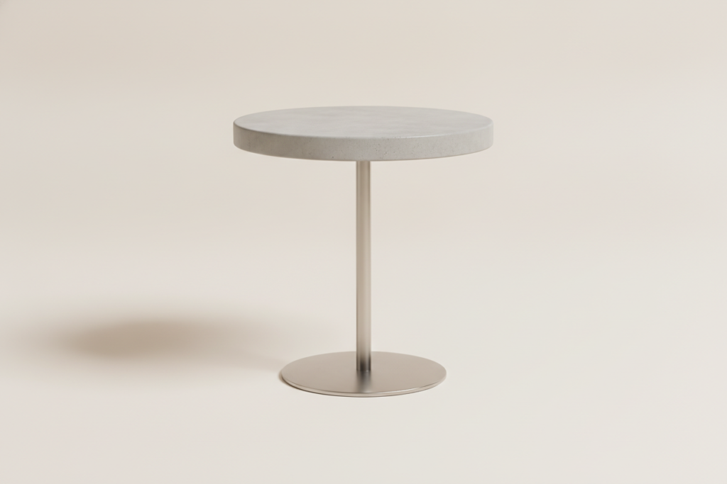 Round cast concrete side table on a stainless steel stem