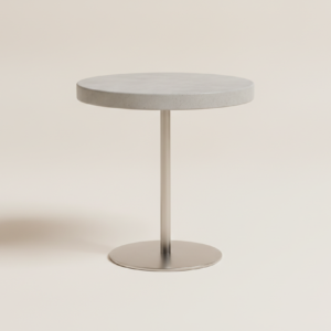 Round cast concrete side table on a stainless steel stem